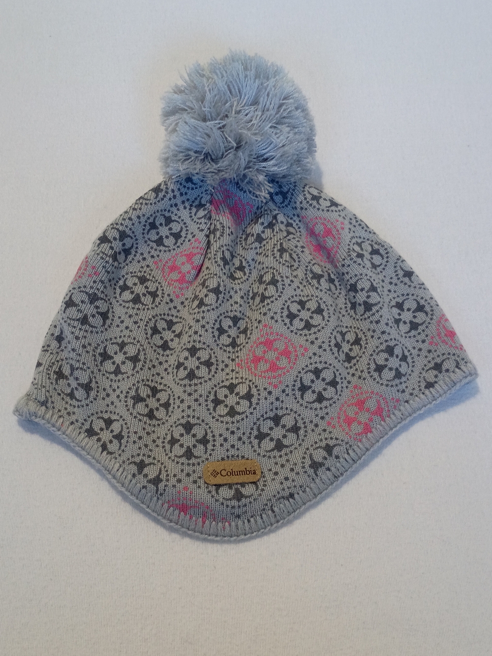 Columbia Kids OS Winter Hat Beanie Gray Pink Pattern Pom Earflap Fleece Lined